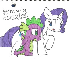 Size: 959x811 | Tagged: safe, artist:cmara, derpibooru import, rarity, spike, dragon, pony, unicorn, female, male, mare, shipping, sparity, straight, traditional art, winged spike, wings