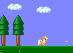 Size: 498x362 | Tagged: safe, artist:hedgehogself, derpibooru import, applejack, earth pony, pony, applejack's hat, clothes, cloud, cowboy hat, creepypasta, female, game, grass, hat, implied twilight sparkle, magic, mare, sky, tree, walking, youtube link