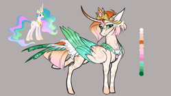 Size: 3264x1836 | Tagged: safe, artist:lucythunderforth, derpibooru import, princess celestia, alicorn, brown background, color palette, crown, horn, jewelry, redesign, regalia, simple background, solo, wings