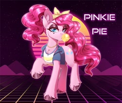 Size: 2000x1686 | Tagged: safe, artist:_ladybanshee_, derpibooru import, pinkie pie, earth pony, pony, 80's fashion, 80s, 80s hair, alternate hairstyle, badass, bubblegum, chest fluff, clothes, ear fluff, ears, female, food, gum, hairband, hooves, jewelry, makeup, mare, necklace, ponytail, shirt, solo, unshorn fetlocks, vest