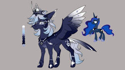 Size: 3264x1836 | Tagged: safe, artist:lucythunderforth, derpibooru import, princess luna, alicorn, color palette, colored wings, crown, jewelry, redesign, regalia, solo, wings