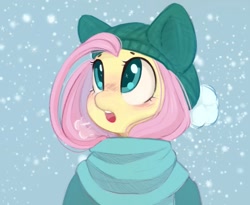 Size: 1200x984 | Tagged: safe, artist:melodylibris, derpibooru import, fluttershy, pegasus, pony, beanie, blushing, breath, bust, clothes, cute, female, hat, mare, open mouth, scarf, shyabetes, snow, snowfall, solo, visible breath
