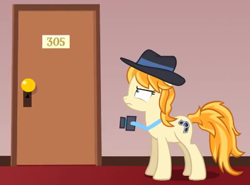 Size: 409x303 | Tagged: safe, artist:jan, derpibooru import, press pass, press release (character), earth pony, pony, camera, door, doorknob, female, film reel, frown, hat, hotel, hotel room, mare, unamused, vocational death cruise, youtube link