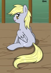 Size: 1416x2039 | Tagged: safe, artist:banquo0, derpibooru import, derpy hooves, pegasus, pony, the last roundup, butt, female, iron plot, open mouth, scene interpretation, sitting, solo, this will end in splinters