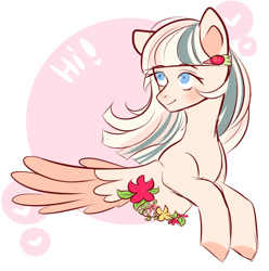 Size: 1280x1292 | Tagged: safe, artist:nikachyy, derpibooru import, oc, oc only, pegasus, pony, bust, colored wings, eyelashes, female, flower, mare, pegasus oc, smiling, solo, two toned wings, wings