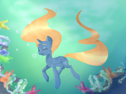 Size: 1600x1200 | Tagged: safe, artist:ceeceil, derpibooru import, oc, oc only, alicorn, pony, bubble, coral, crepuscular rays, eyes closed, flowing mane, flowing tail, folded wings, horn, ocean, orange mane, redraw, smiling, solo, sunlight, swimming, tail, underwater, water, wings