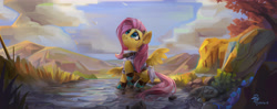 Size: 5911x2339 | Tagged: safe, artist:掷骰儿, derpibooru import, fluttershy, pegasus, pony, boots, clothes, cute, female, hair accessory, high res, looking up, mare, mountain, mushroom, outdoors, raised hoof, raised leg, river, shoes, shyabetes, sky, smiling, solo, spread wings, stray strand, stream, three quarter view, tree, water, widescreen, wings
