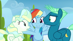 Size: 1280x720 | Tagged: safe, derpibooru import, screencap, rainbow dash, sky stinger, vapor trail, pegasus, pony, top bolt