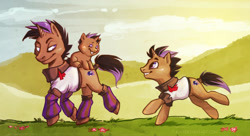 Size: 2092x1136 | Tagged: safe, artist:fukari, derpibooru import, oc, oc only, pony, unicorn, baby, baby pony, clothes, grin, horn, leg warmers, male, outdoors, ponies riding ponies, riding, running, smiling, stallion, unicorn oc