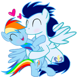 Size: 720x720 | Tagged: safe, artist:mlplary6, derpibooru import, rainbow dash, soarin', pegasus, pony, blushing, eyes closed, female, heart, holding a pony, kiss on the cheek, kissing, male, mare, shipping, simple background, smiling, soarindash, stallion, straight, transparent background, vector