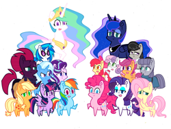 Size: 1398x1049 | Tagged: safe, artist:magpie-pony, derpibooru import, apple bloom, applejack, dj pon-3, fizzlepop berrytwist, fluttershy, maud pie, octavia melody, pinkie pie, princess celestia, princess luna, rainbow dash, rarity, scootaloo, starlight glimmer, sweetie belle, tempest shadow, trixie, twilight sparkle, twilight sparkle (alicorn), vinyl scratch, alicorn, earth pony, pegasus, pony, unicorn, cutie mark crusaders, female, filly, foal, mane six, mare, pointy legs, simple background, white background