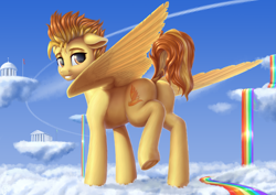 Size: 4093x2894 | Tagged: safe, alternate version, artist:koshakevich, derpibooru import, spitfire, pegasus, pony, butt, cloud, dock, female, firebutt, frog (hoof), grin, looking at you, looking back, looking back at you, mare, plot, rainbow, rainbow waterfall, raised hoof, raised leg, smiling, solo, tail, underhoof