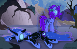 Size: 1200x756 | Tagged: safe, artist:jennieoo, derpibooru import, nightmare moon, princess luna, oc, oc:aliss, alicorn, pony, alicorn oc, defeated, glowing, glowing eyes, horn, possessed, vector, wings