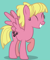 Size: 256x304 | Tagged: safe, derpibooru import, oc, oc only, oc:sweetie bloom, pegasus, pony, eyes closed, female, mare, raised hoof, raised leg, smiling, spread wings, wings, youtube link