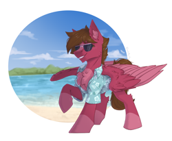 Size: 2536x2088 | Tagged: safe, artist:dorkmark, derpibooru import, oc, oc only, pegasus, pony, background sketch, chest fluff, clothes, ear fluff, ears, glasses, hawaiian shirt, male, raised hoof, raised leg, scenery, shirt, smiling, solo, stallion, water