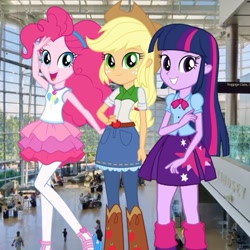 Size: 539x539 | Tagged: safe, derpibooru import, applejack, pinkie pie, sunset shimmer, twilight sparkle, equestria girls, equestria girls series, clothes, female, grin, jeans, looking at you, pants, pantyhose, real life background, smiling, trio