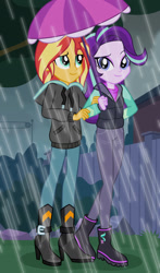 Size: 1024x1745 | Tagged: safe, artist:emeraldblast63, derpibooru import, starlight glimmer, sunset shimmer, equestria girls, boots, clothes, cutie mark on clothes, duo, duo female, female, rain, shoes, umbrella