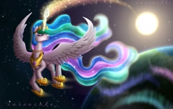 Size: 1967x1243 | Tagged: safe, artist:carencake, derpibooru import, princess celestia, alicorn, pony, alicorn magic, aurora borealis, clothes, crown, ethereal hair, ethereal mane, ethereal tail, eyes closed, female, flying, glowing, glowing horn, hoof shoes, horn, jewelry, magic, magic aura, mare, motion blur, necklace, no mouth, peytral, planet, princess shoes, regalia, shoes, signature, solo, space, sparkling mane, spread wings, stars, sun, sun ray, tail, wings