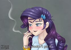 Size: 2631x1860 | Tagged: safe, artist:cabrony, artist:rosalhymn, derpibooru import, rarity, human, blushing, bracelet, cigarette, clothes, eyeshadow, female, humanized, jewelry, joker (2019), lidded eyes, makeup, open mouth, open smile, shirt, smiling, smoking, solo, subtitles