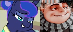 Size: 2048x917 | Tagged: safe, derpibooru import, edit, edited screencap, screencap, princess luna, alicorn, human, pony, between dark and dawn, alternate hairstyle, bald, bedroom eyes, comparison, cute, despicable me, eyelashes, faic, female, grin, gru, male, mare, minions, post office, smiling