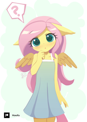 Size: 1000x1407 | Tagged: safe, artist:howxu, derpibooru import, fluttershy, anthro, pegasus, blushing, cute, daaaaaaaaaaaw, ears, female, floppy ears, looking at you, question mark, shyabetes, solo, thought bubble, wings, younger