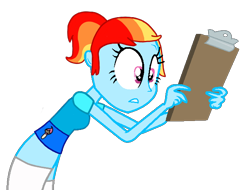 Size: 640x487 | Tagged: safe, artist:pagiepoppie12345, derpibooru import, oc, oc only, oc:artie brush, equestria girls, clipboard, clothes, holding, list, multicolored hair, paint, paintbrush, ponytail, rainbow hair, shirt, simple background, skirt, socks, transparent background