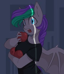 Size: 1038x1200 | Tagged: safe, artist:melodylibris, derpibooru import, oc, oc only, anthro, bat pony, anthro oc, apple, bat pony oc, caught, female, food, looking at you, mare, open mouth, solo