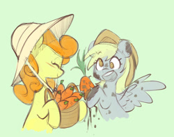 Size: 1280x1007 | Tagged: safe, artist:chub-wub, derpibooru import, carrot top, derpy hooves, golden harvest, earth pony, pegasus, pony, basket, carrot, cute, derpabetes, derpytop, dirt, duo, eyes closed, female, food, green background, hat, lesbian, mare, open mouth, shipping, simple background, sun hat