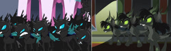 Size: 2394x720 | Tagged: safe, artist:shawn keller, derpibooru import, edit, edited screencap, screencap, changeling, a canterlot wedding, comparison, guardians of pondonia, the three kingdoms, weirdling