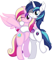 Size: 6929x8057 | Tagged: safe, artist:cyanlightning, derpibooru import, princess cadance, shining armor, alicorn, pony, unicorn, canterlot wedding 10th anniversary, .svg available, absurd resolution, bipedal, blushing, cute, ear fluff, ears, female, hug, male, mare, missing accessory, one eye closed, shiningcadance, shipping, simple background, smiling, spread wings, stallion, straight, transparent background, vector, wings, wink