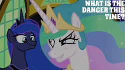 Size: 1280x720 | Tagged: safe, derpibooru import, edit, edited screencap, editor:quoterific, screencap, princess celestia, princess luna, alicorn, pony, between dark and dawn, season 9, spoiler:s09, crown, duo, female, jewelry, mare, regalia, smiling, text, twilight's castle