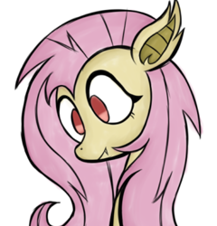 Size: 574x597 | Tagged: safe, artist:alandisc, derpibooru import, fluttershy, bat pony, pony, bat ponified, cute, eyelashes, fangs, flutterbat, looking down, messy mane, race swap, shyabetes, simple background, species swap, white background