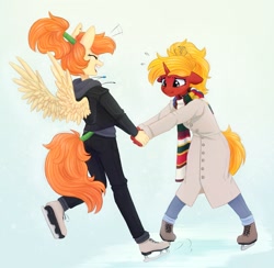 Size: 1200x1172 | Tagged: safe, artist:melodylibris, derpibooru import, oc, oc only, anthro, pegasus, plantigrade anthro, unicorn, anthro oc, clothes, duo, female, fourth doctor's scarf, ice skating, mare, scarf, striped scarf