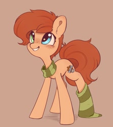 Size: 803x906 | Tagged: safe, artist:melodylibris, derpibooru import, oc, oc only, oc:rusty gears, earth pony, pony, brown background, clothes, female, freckles, grin, heterochromia, looking up, mare, scarf, simple background, smiling, socks, solo, striped scarf, striped socks