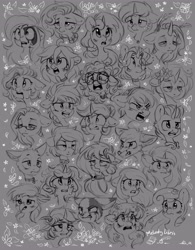 Size: 3188x4096 | Tagged: safe, alternate version, artist:melodylibris, derpibooru import, oc, oc only, cat, fox, griffon, pony, unicorn, angry, bleeding, blood, crying, ears back, flower, glasses, gray background, monochrome, multiple characters, shocked, shocked expression, simple background, sketch, tired, yelling