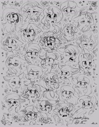 Size: 3188x4096 | Tagged: safe, artist:melodylibris, derpibooru import, oc, oc only, cat, fox, griffon, pony, unicorn, angry, bleeding, blood, crying, ears back, flower, glasses, gray background, monochrome, multiple characters, shocked, shocked expression, simple background, sketch, tired, yelling