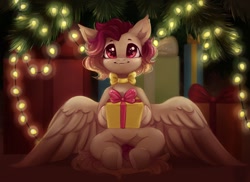 Size: 1200x873 | Tagged: safe, artist:melodylibris, derpibooru import, oc, oc only, pegasus, pony, bow, christmas, christmas lights, christmas tree, female, holiday, looking at you, mare, neck bow, present, sitting, smiling, smiling at you, solo, spread wings, tree, wings