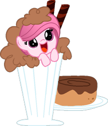 Size: 507x588 | Tagged: safe, artist:guruyunus17, derpibooru import, oc, oc:annisa trihapsari, earth pony, pony, base used, chibi, chocolate, chocolate milk, cinnamon bun, cute, earth pony oc, food, medibang paint, milk, milkshake, ocbetes, open mouth, simple background, solo, transparent background