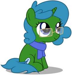 Size: 3600x3710 | Tagged: safe, artist:strategypony, derpibooru import, oc, oc only, oc:museo sans, unicorn, clothes, female, filly, foal, glasses, horn, looking up, scarf, simple background, sitting, transparent background, unicorn oc