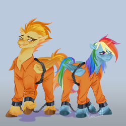 Size: 2000x2000 | Tagged: safe, artist:bonniem_x2, derpibooru import, rainbow dash, spitfire, bound wings, chains, clothes, cuffs, duo, duo female, female, prison outfit, prisoner, prisoner rd, shackles, unshorn fetlocks, wings