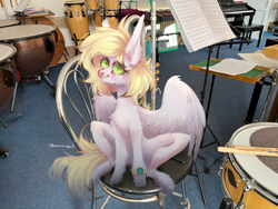 Size: 1280x960 | Tagged: safe, alternate version, artist:armandool, derpibooru import, oc, oc only, oc:ludwig von leeb, pegasus, pony, blonde, blonde hair, clock, congas, cymbals, drums, drumsticks, green eyes, male, music notes, musical instrument, piano, sitting, snare drum, solo, spread wings, stallion, timpani, trumpet, wings, xylophone