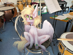 Size: 1280x960 | Tagged: safe, alternate version, artist:armandool, derpibooru import, oc, oc only, oc:ludwig von leeb, pegasus, pony, blonde, clock, congas, cymbals, drums, drumsticks, glasses, green eyes, male, music notes, musical instrument, piano, sitting, snare drum, solo, spread wings, stallion, timpani, trumpet, wings, xylophone