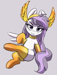 Size: 921x1200 | Tagged: safe, artist:pabbley, derpibooru import, part of a set, oc, oc only, oc:athena (shawn keller), pegasus, pony, choker, clothes, crown, female, grin, guardians of pondonia, jewelry, looking at you, mare, regalia, simple background, sitting, smiling, smiling at you, socks, solo