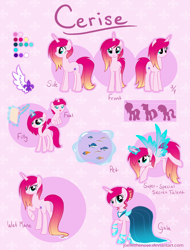 Size: 1680x2205 | Tagged: safe, artist:joellethenose, derpibooru import, oc, oc only, oc:cerise, pony, unicorn, artificial wings, augmented, clothes, dress, female, filly, foal, gala dress, magic, magic wings, mare, reference sheet, solo, wings