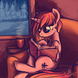 Size: 960x960 | Tagged: safe, artist:joellethenose, derpibooru import, oc, oc only, oc:cerise, pony, unicorn, book, female, forest, mare, mug, obtrusive watermark, reading, snow, sofa, solo, watermark, winter