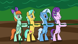 Size: 1920x1080 | Tagged: safe, artist:platinumdrop, derpibooru import, citrine spark, fire quacker, peppermint goldylinks, starlight glimmer, trixie, pegasus, pony, unicorn, ^^, bipedal, eyes closed, female, friendship student, mare, request, smiling