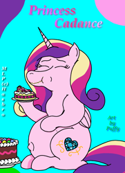 Size: 1672x2305 | Tagged: safe, artist:puffydearlysmith, derpibooru import, princess cadance, alicorn, pony, belly, belly button, big belly, cake, eating, eyes closed, female, food, implied flurry heart, mare, outie belly button, pregdance, pregnant, story included