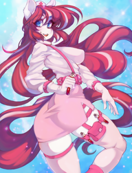 Size: 1362x1772 | Tagged: safe, artist:tolsticot, derpibooru import, oc, oc only, oc:cherry pop, anthro, earth pony, anthro oc, breasts, clothes, female, gloves, long hair, mare, miniskirt, nurse, nurse outfit, open mouth, open smile, smiling, solo, tail, zettai ryouiki