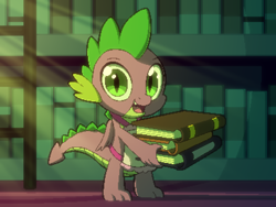 Size: 800x600 | Tagged: safe, artist:rangelost, derpibooru import, spike, dragon, apron, book, bookshelf, clothes, cyoa, cyoa:d20 pony, library, looking at you, offscreen character, pixel art, solo, story included, twilight's castle, twilight's castle library, winged spike, wings