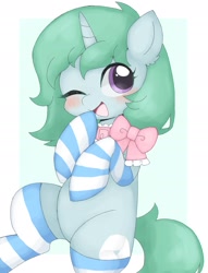 Size: 1551x2034 | Tagged: safe, artist:ginmaruxx, artist:kuzuyukuro, derpibooru import, oc, oc only, pony, unicorn, blushing, clothes, commission, cute, female, horn, looking at you, mare, ocbetes, one eye closed, open mouth, open smile, simple background, smiling, smiling at you, socks, solo, stockings, striped socks, thigh highs, white background, wink, winking at you